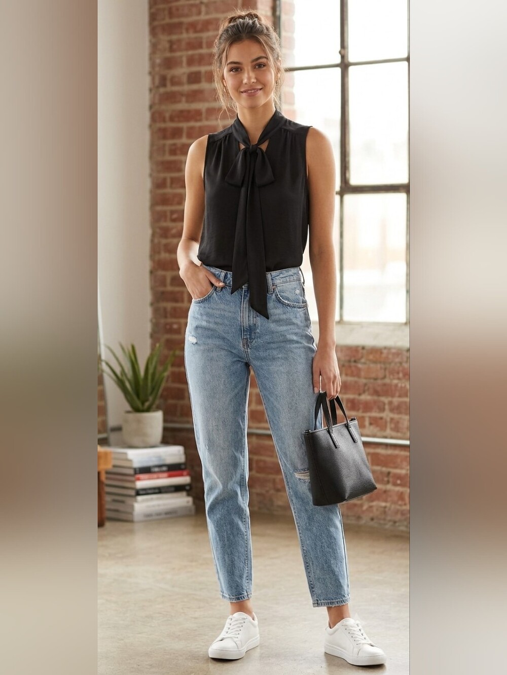 Forever 21 Black Tie-Neck Tank with Light Blue Boyfriend Jeans